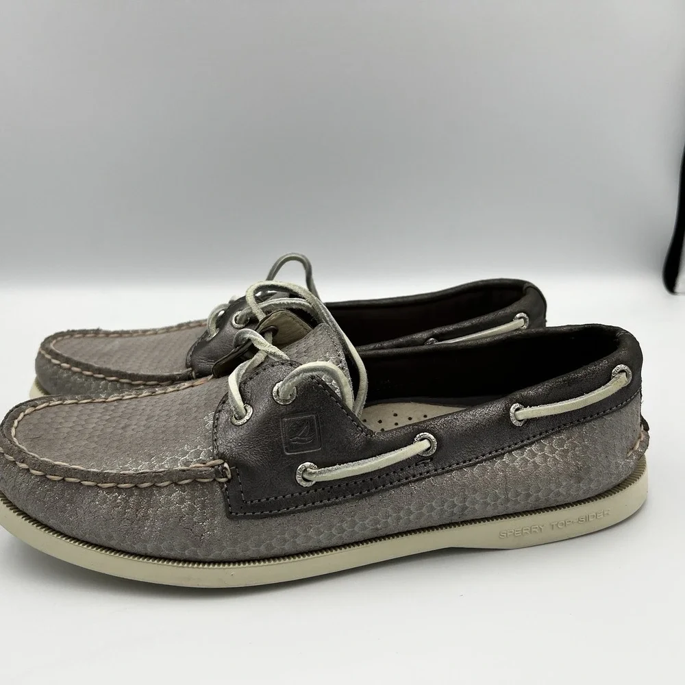 Sperry Angelfish Silver Metallic Leather Boat Shoes W 9M Coastal‎ Marina Preppy